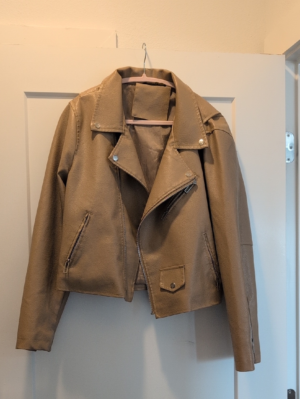 Jennifer Lopez Taupe Faux Leather Moto Jacket